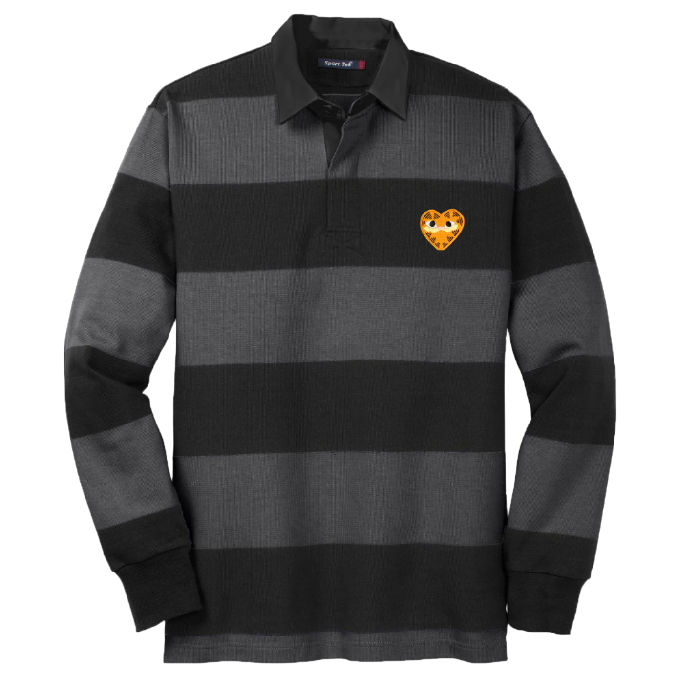 A Black and Grey Rugby striped Long sleeve Men's polo shirt featuring a heart-shaped orange patch on the left chest depicting Garfield the cat.