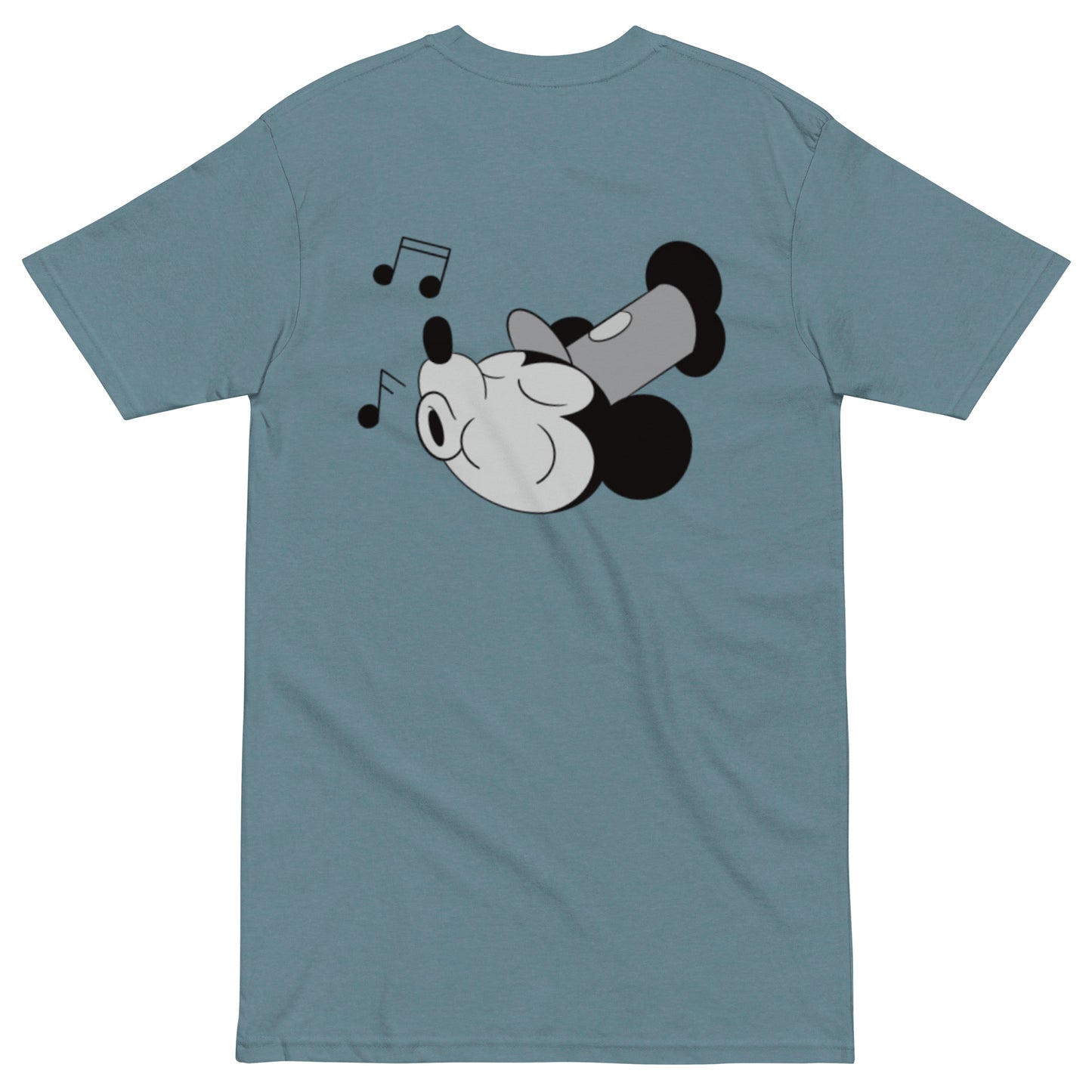 The back of a dusty blue men's t-shirt with a graphic depicting Mickey Mouse whistling.