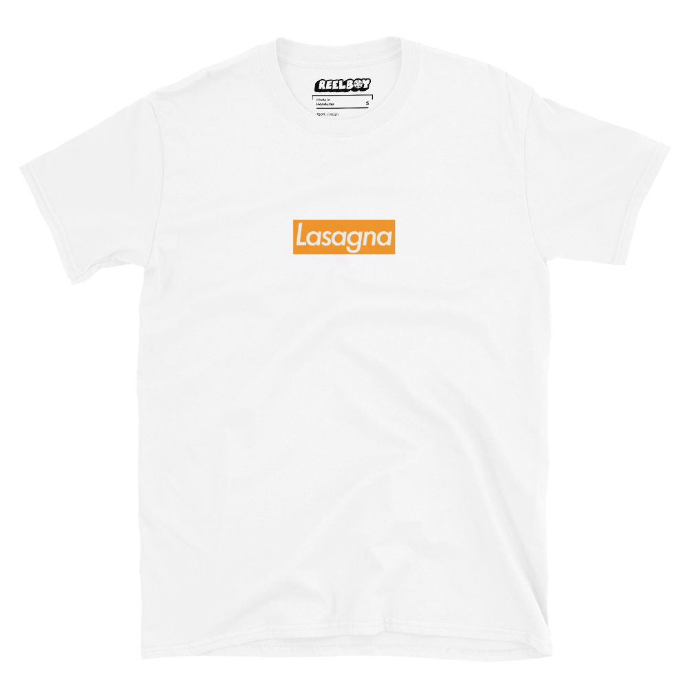A White Unisex T-shirt with a graphic featuring the word "Lasagna" enclosed in an orange rectangle.