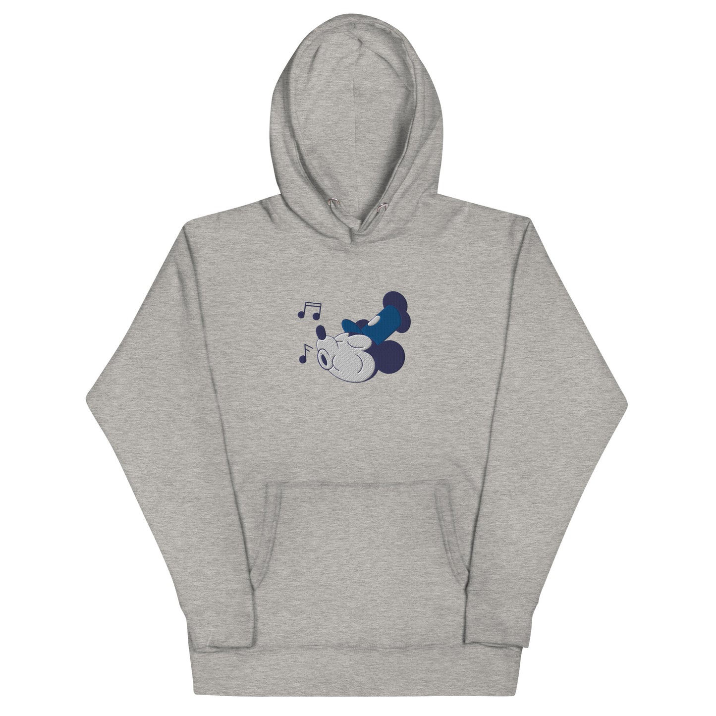 A grey hooded sweatshirt featuring blue and white embroidery of Mickey Mouse whistling.