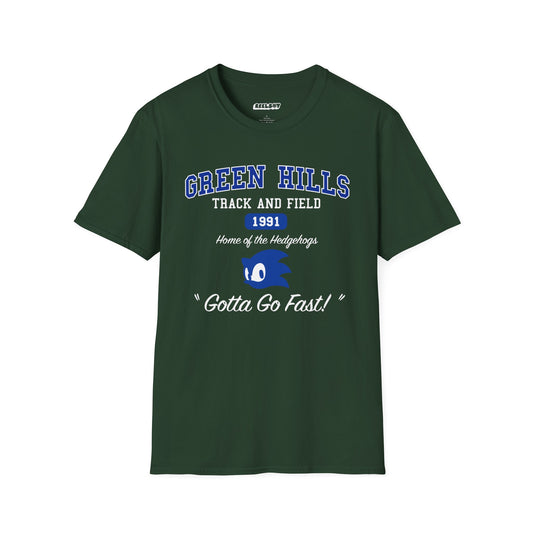 A green unisex t-shirt with an image of Sonic the Hedgehog's silhouette that reads "Green Hills Track And Field"