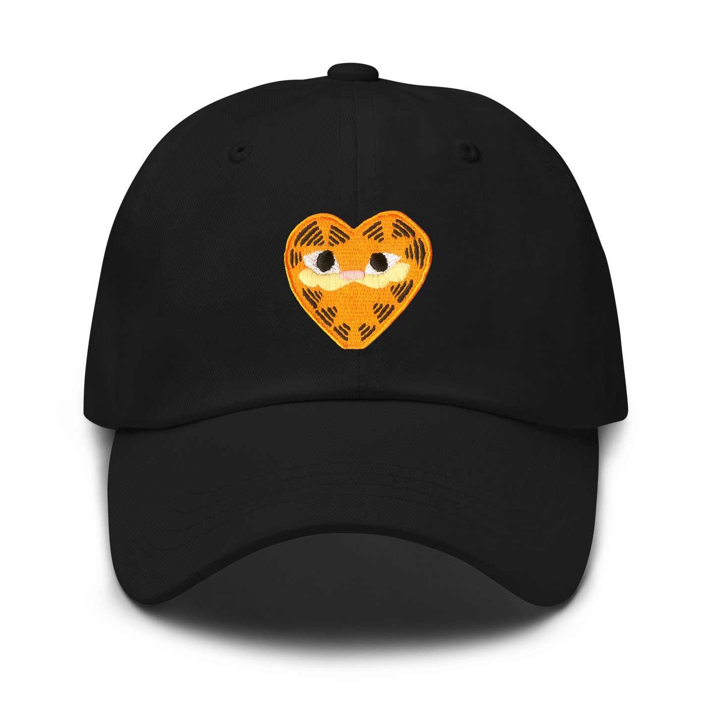 A black unisex dad hat featuring a heart-shaped orange patch depicting Garfield the cat.