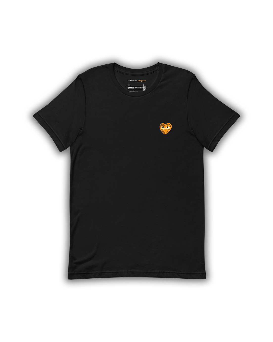 A black unisex t-shirt featuring a heart-shaped orange patch on the left chest depicting Garfield the cat.