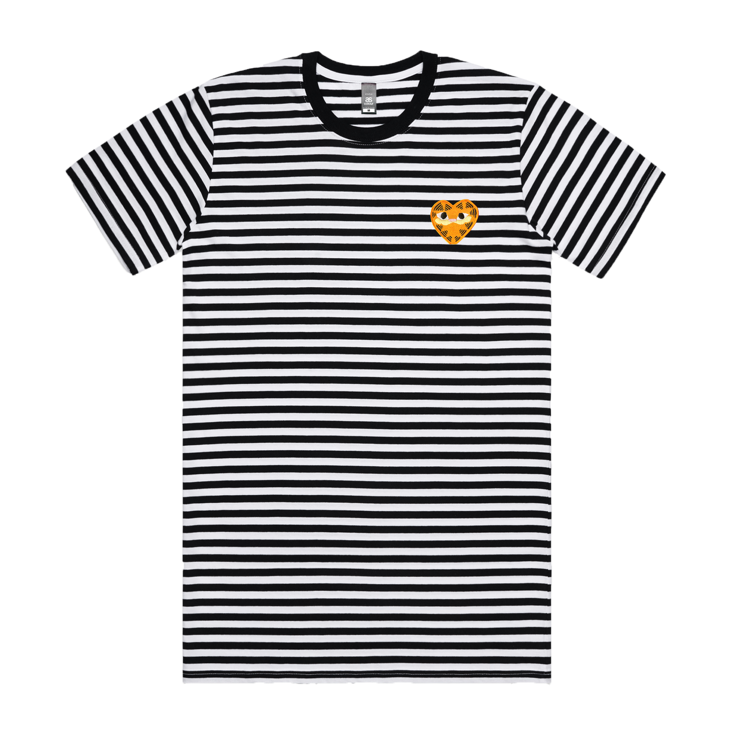 A White and Black thin striped unisex t-shirt featuring a heart-shaped orange patch on the left chest depicting Garfield the cat.