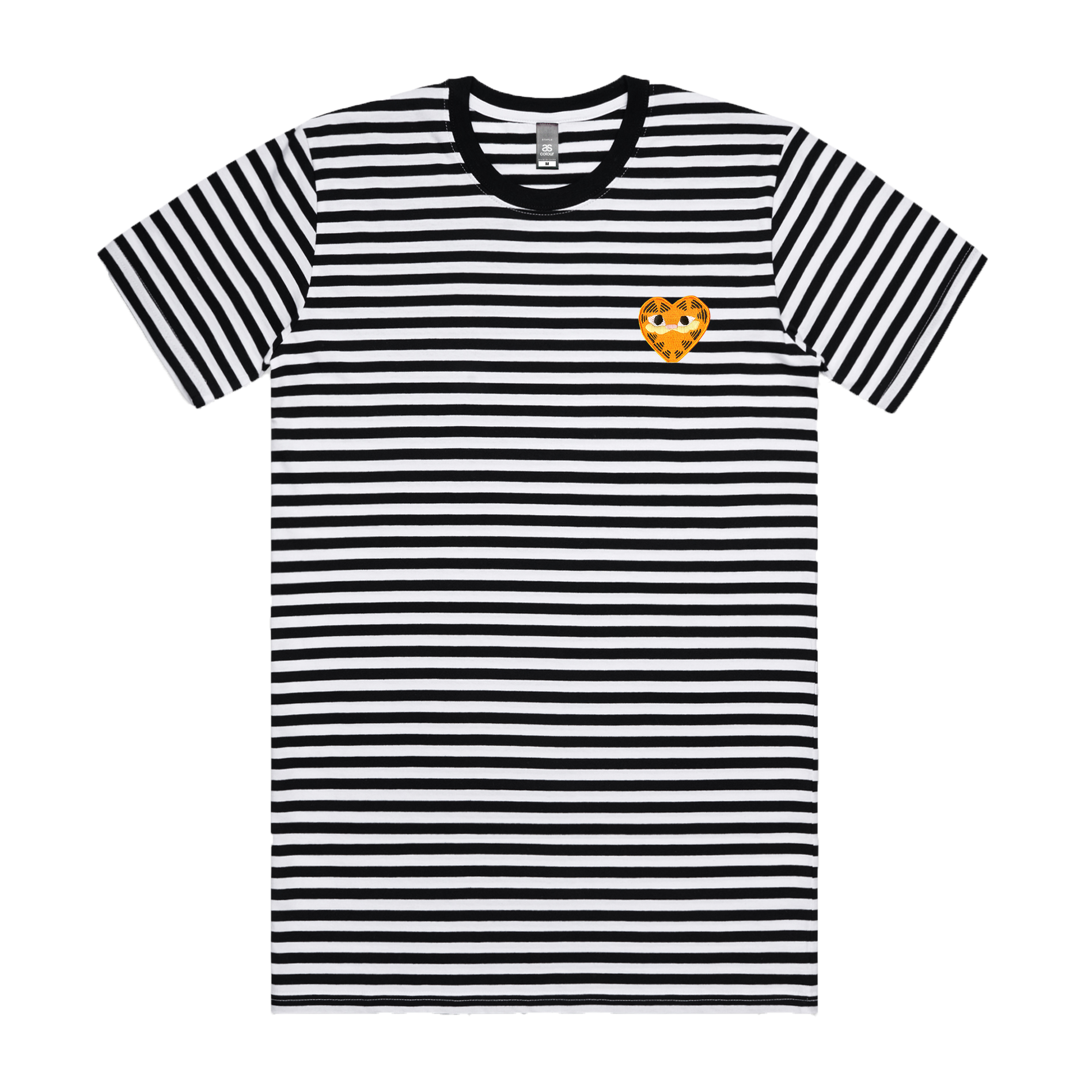 A White and Black thin striped unisex t-shirt featuring a heart-shaped orange patch on the left chest depicting Garfield the cat.