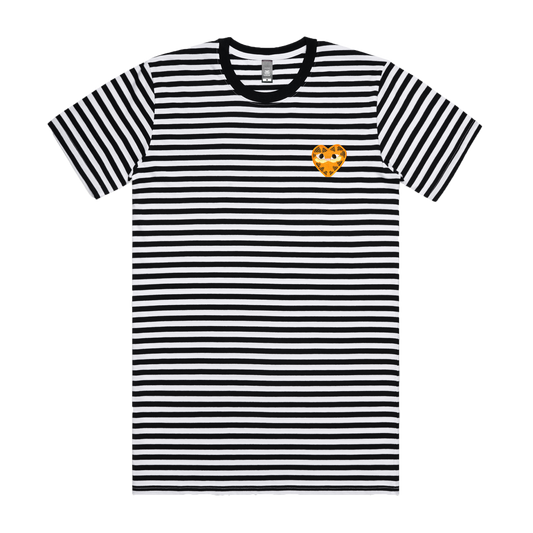 A White and Black thin striped unisex t-shirt featuring a heart-shaped orange patch on the left chest depicting Garfield the cat.