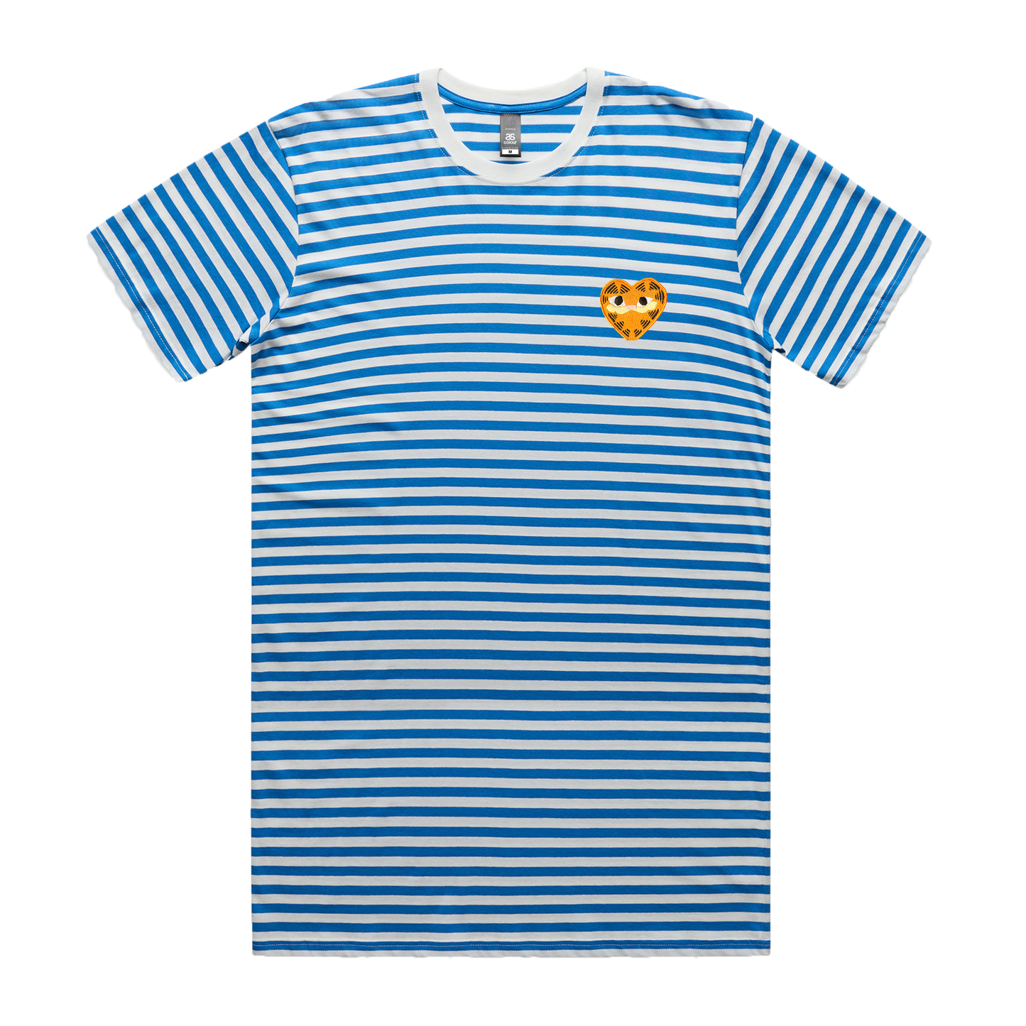 A White and Royal Blue thin striped unisex t-shirt featuring a heart-shaped orange patch on the left chest depicting Garfield the cat.