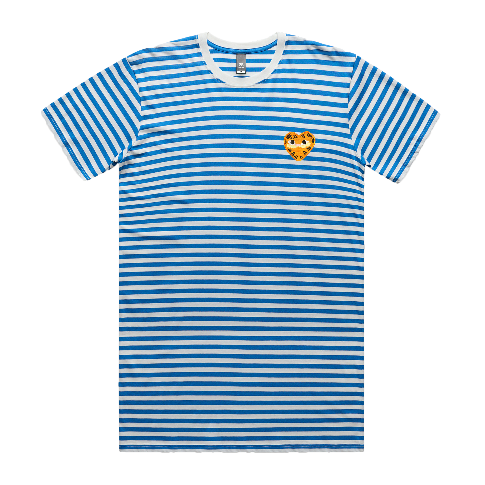 A White and Royal Blue thin striped unisex t-shirt featuring a heart-shaped orange patch on the left chest depicting Garfield the cat.