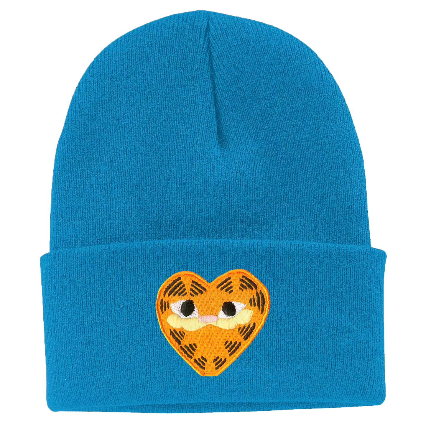 An electric blue beanie featuring heart-shaped a orange patch depicting Garfield the Cat.