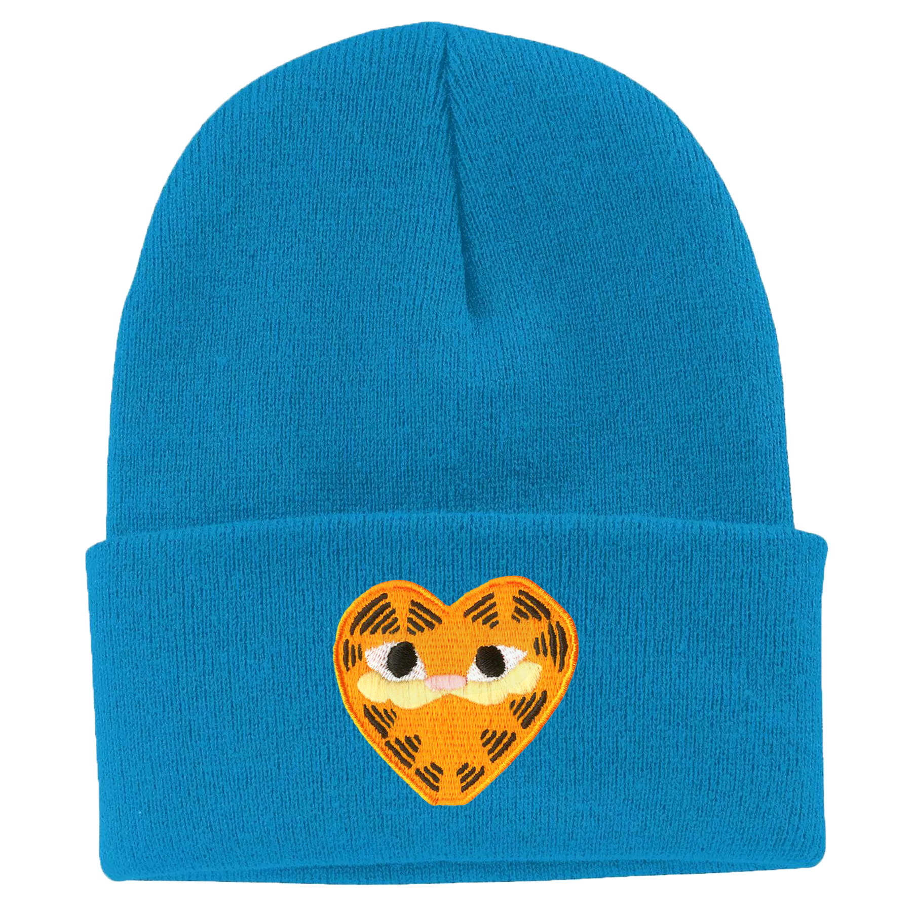 An electric blue beanie featuring heart-shaped a orange patch depicting Garfield the Cat.