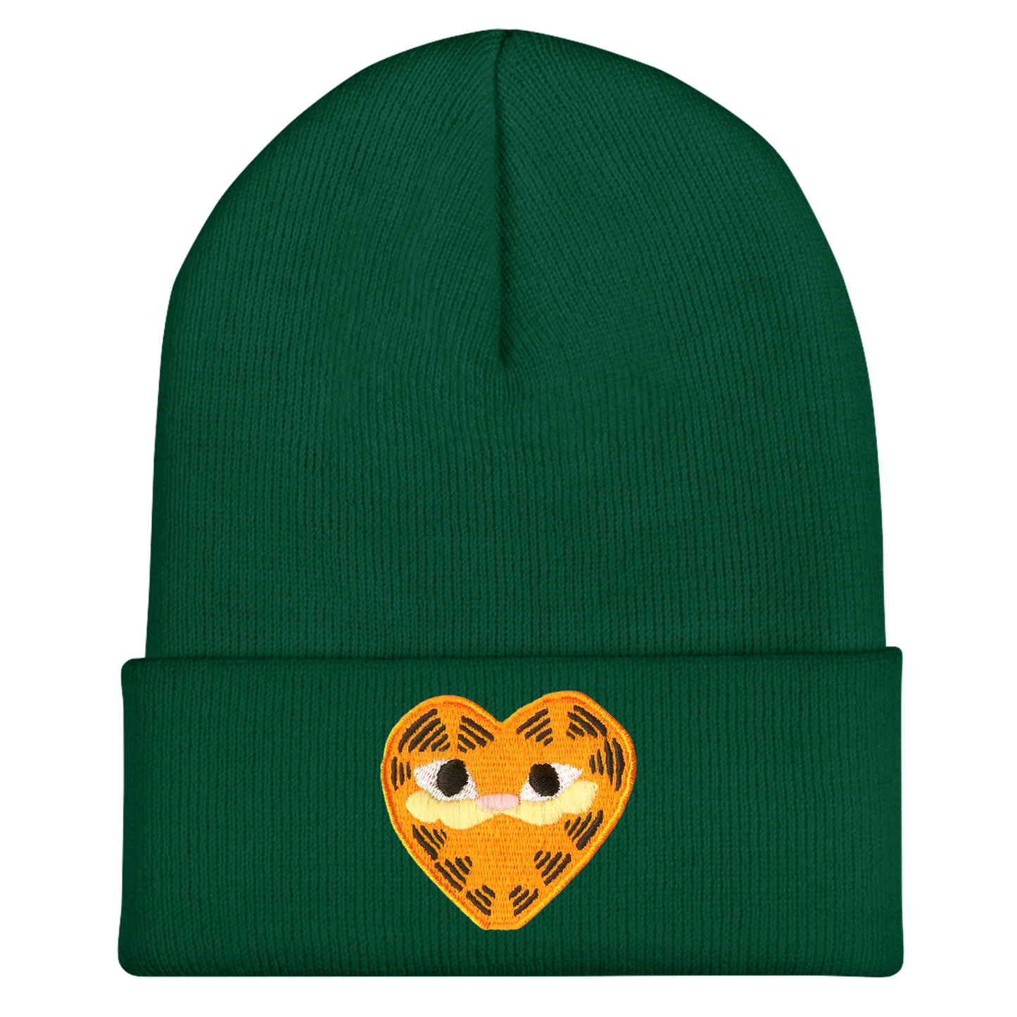 A green beanie featuring heart-shaped a orange patch depicting Garfield the Cat.