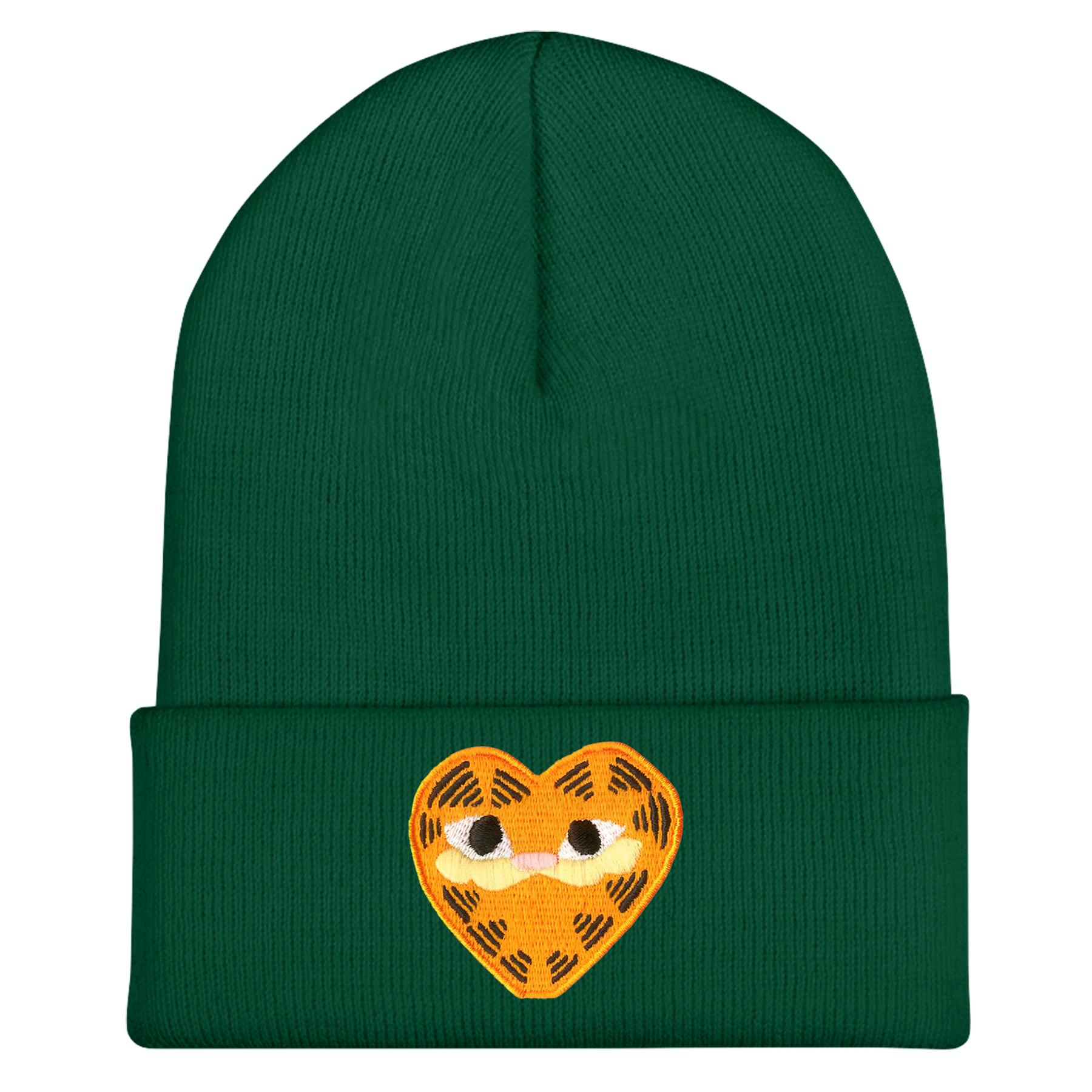 A green beanie featuring heart-shaped a orange patch depicting Garfield the Cat.