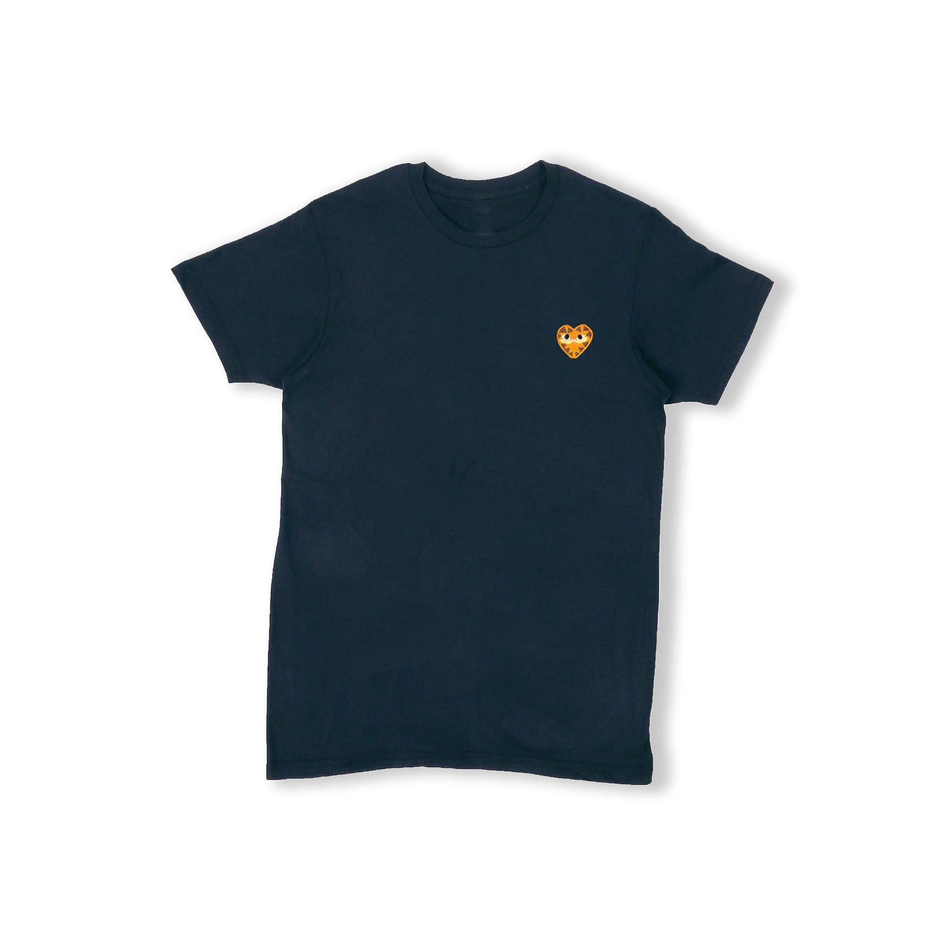 A Navy Blue unisex t-shirt featuring a heart-shaped orange patch on the left chest depicting Garfield the cat.