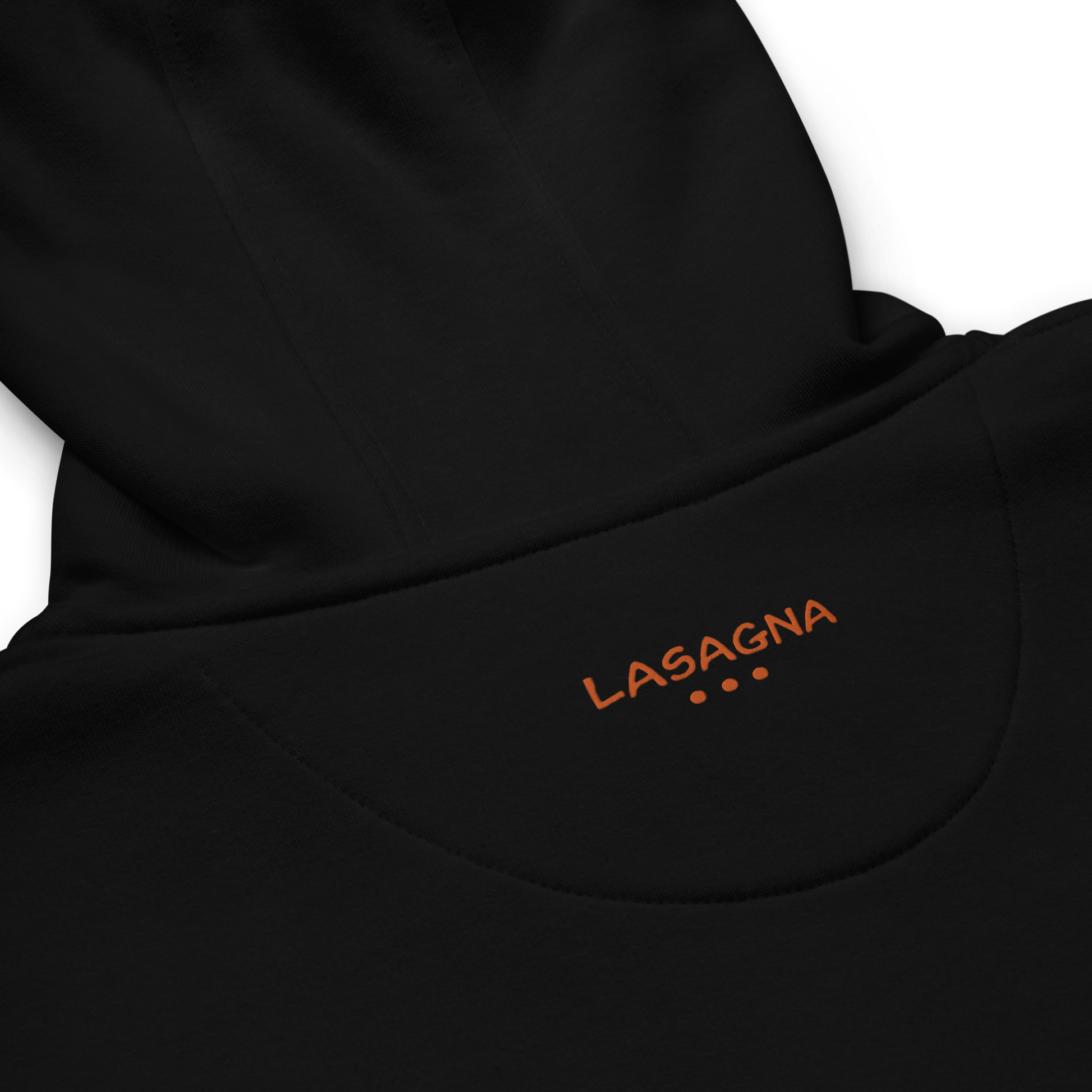 The back of a black sweatshirt with orange embroidery of the word "Lasagna" just below the hood.