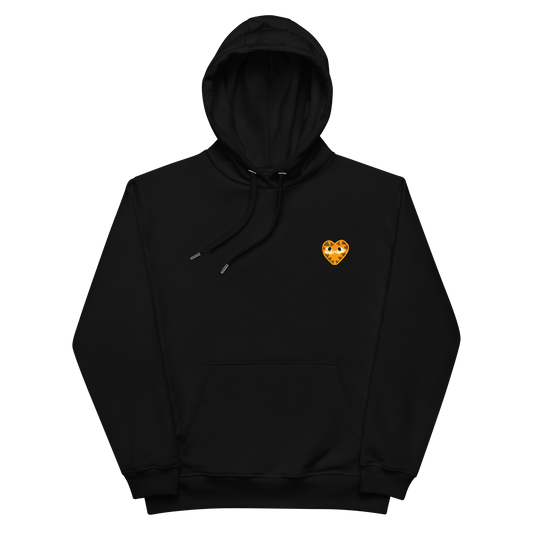 A black hooded sweatshirt with an orange heart shaped patch on the left chest depicting Garfield the hat.