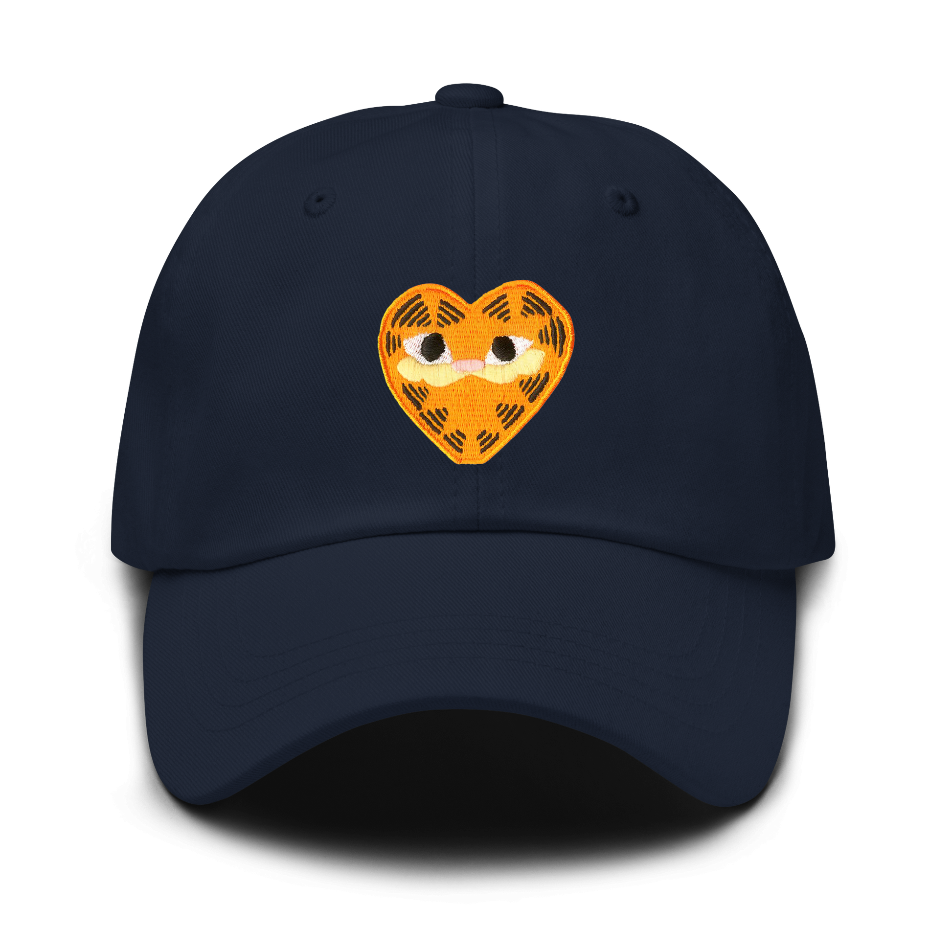 A navy unisex dad hat featuring a heart-shaped orange patch depicting Garfield the cat.