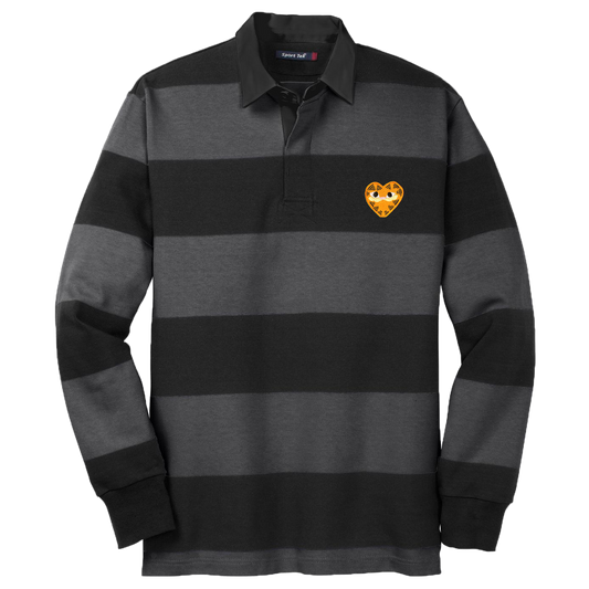 A Black and Grey Rugby striped Long sleeve Men's polo shirt featuring a heart-shaped orange patch on the left chest depicting Garfield the cat.