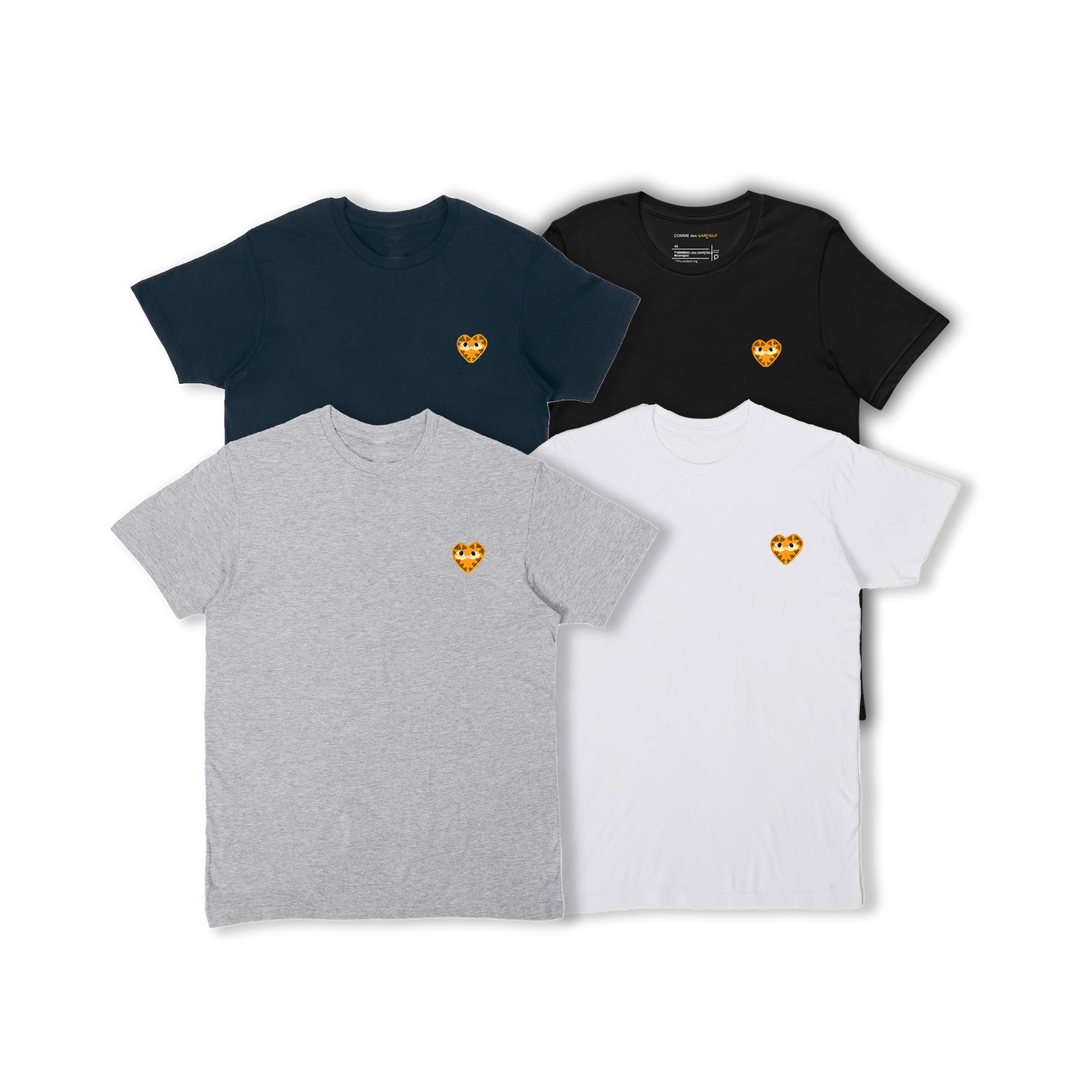 Four unisex t-shirts featuring a heart-shaped orange patch on the left chest depicting Garfield the cat.