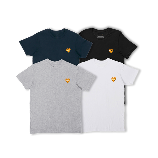 Four unisex t-shirts featuring a heart-shaped orange patch on the left chest depicting Garfield the cat.