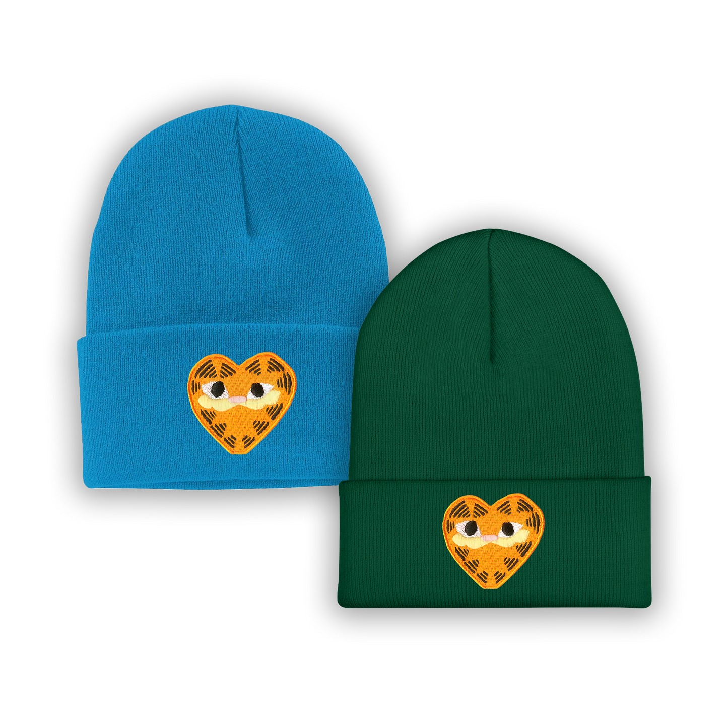 A green beanie and a blue beanie featuring heartshaped orange patches depicting Garfield the Cat.