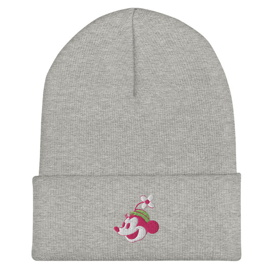 A grey cuffed beanie with pink, green, and white embroidery depicting Minnie Mouse.