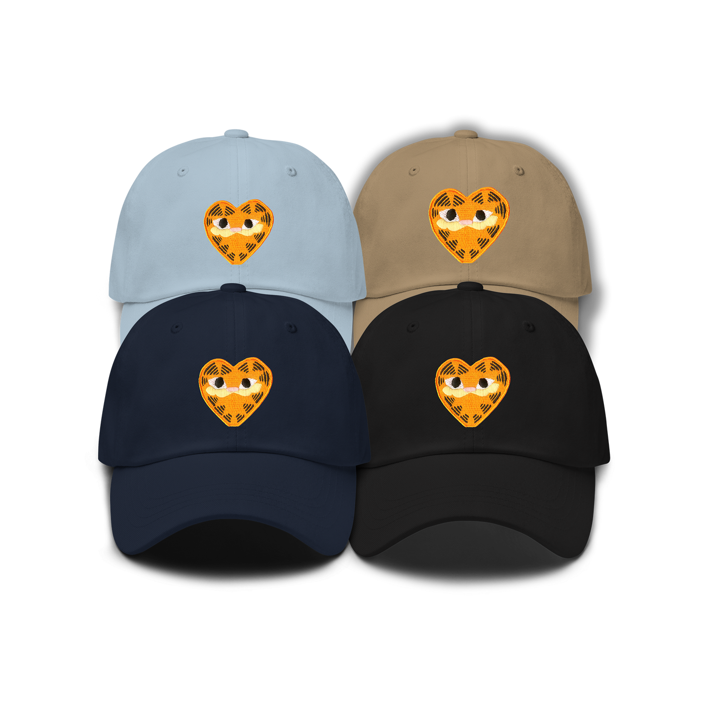 Four dad hats with orange heart shaped patches depicting Garfield the Cat.