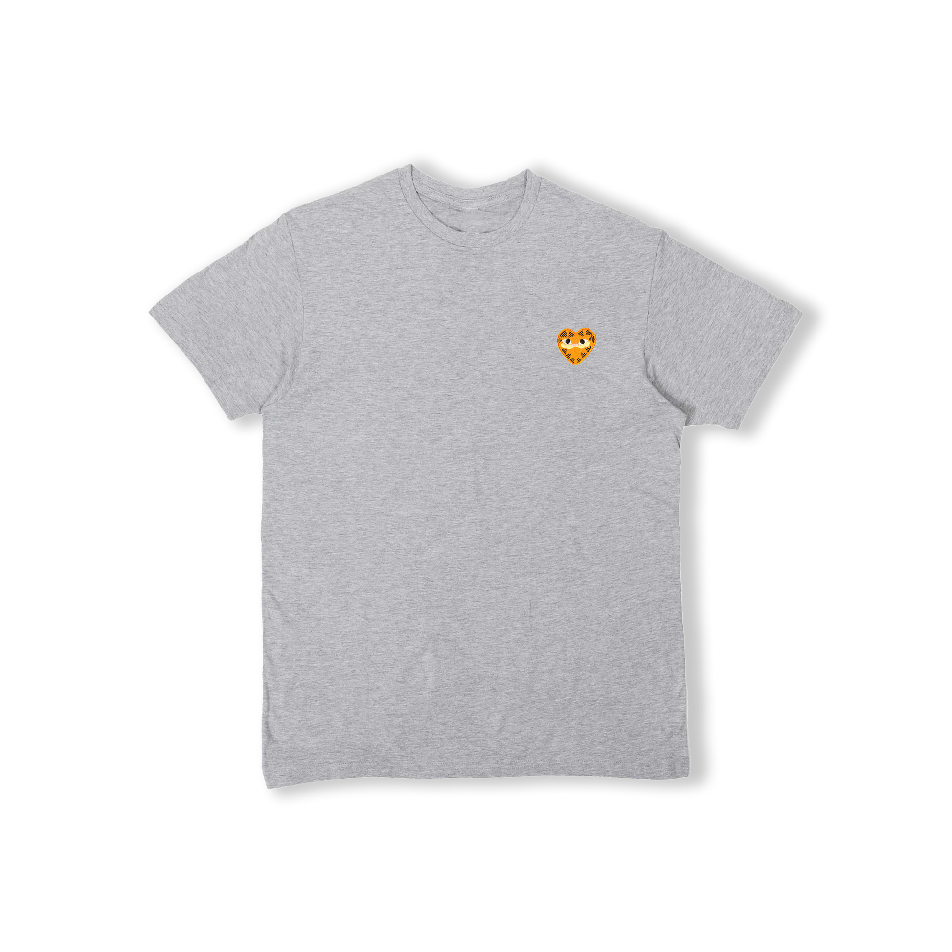 A grey heather unisex t-shirt featuring a heart-shaped orange patch on the left chest depicting Garfield the cat.