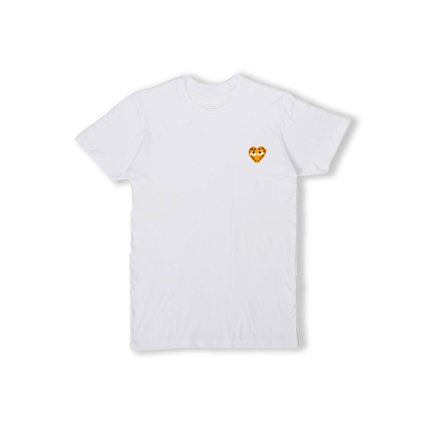 A White unisex t-shirt featuring a heart-shaped orange patch on the left chest depicting Garfield the cat.