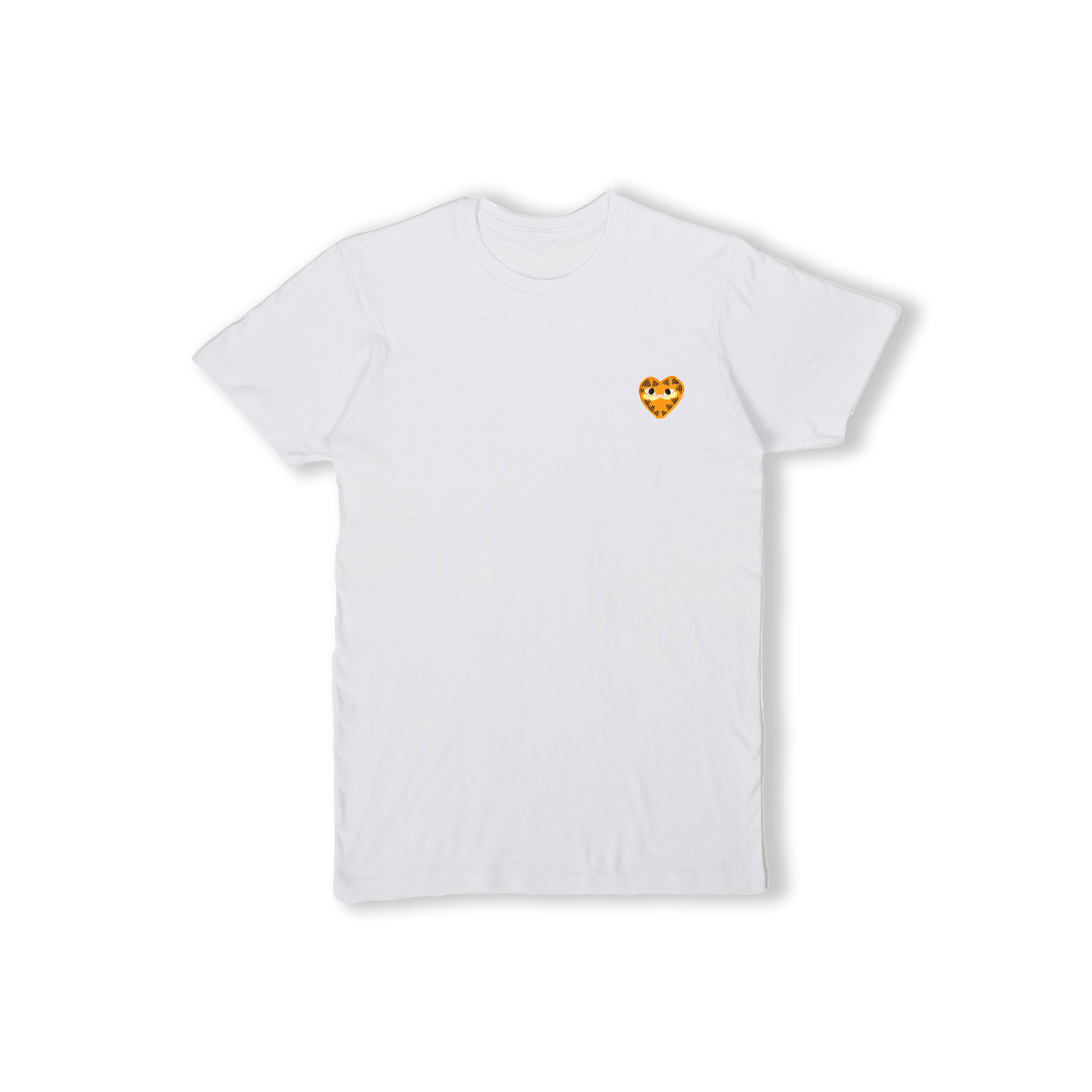 A White unisex t-shirt featuring a heart-shaped orange patch on the left chest depicting Garfield the cat.