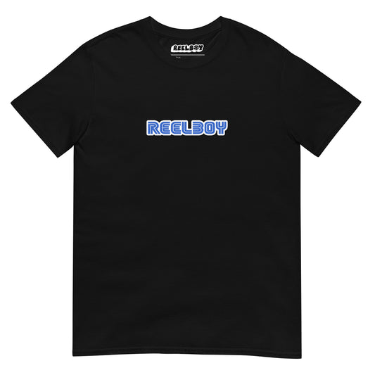 A black unisex t-shirt with an image of the Reelboy brand in the style of the Sega logo.