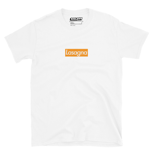 A White Unisex T-shirt with a graphic featuring the word "Lasagna" enclosed in an orange rectangle.