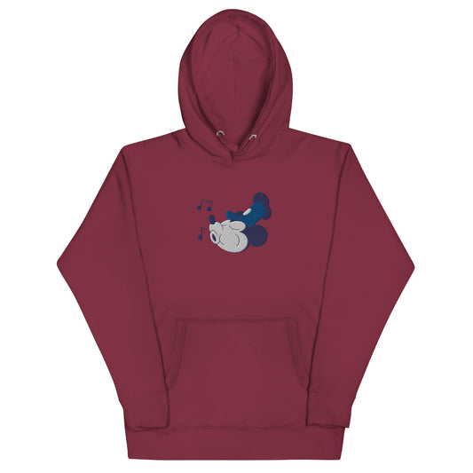 A maroon hooded sweatshirt featuring blue and white embroidery of Mickey Mouse whistling.