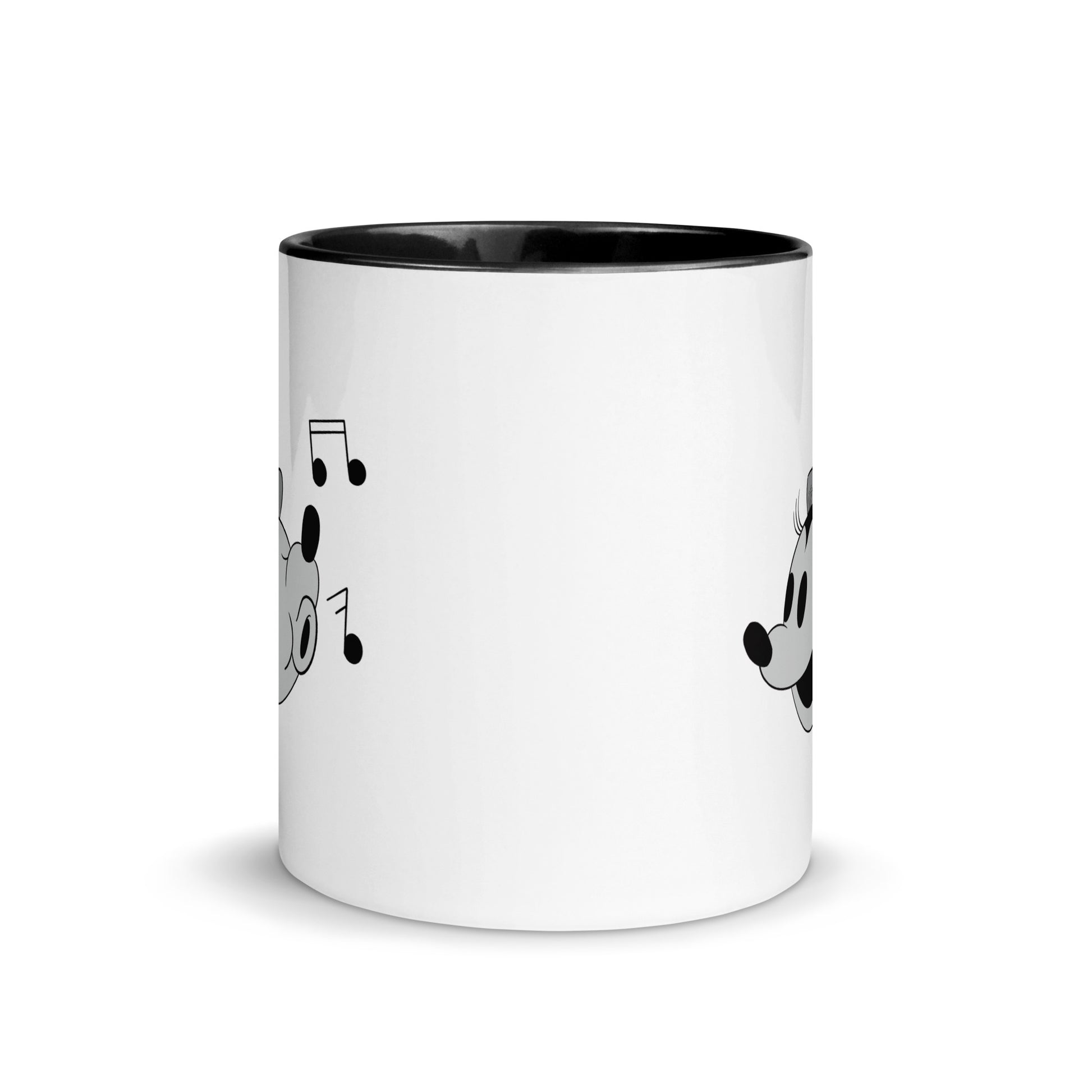 A white coffee mug with black and white images of Mickey and Minnie Mouse.