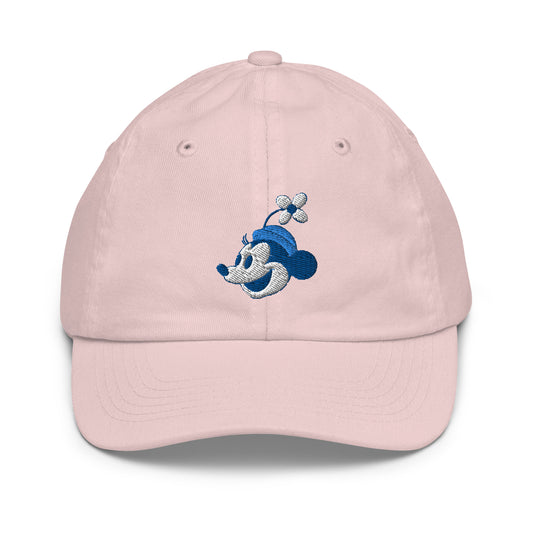 A youth sized pink baseball cap with blue and white embroidery depicting Minnie Mouse.